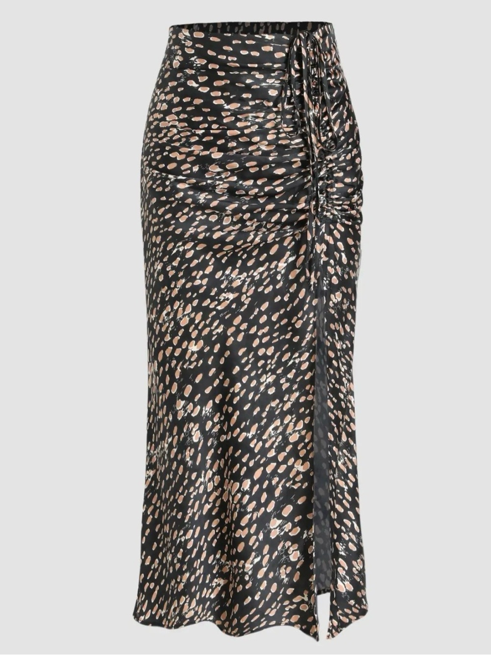 NWT Black/tan leopard print ruched silk midi skirt